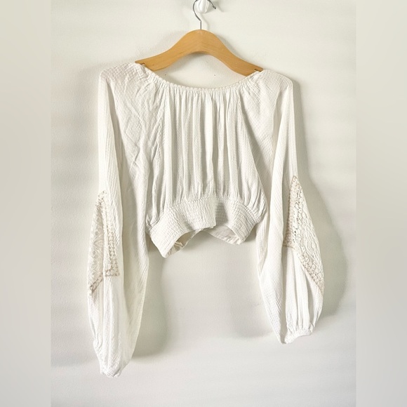 New! Free People Sexy Cropped Boho Peasant Blouse Ivory Embroidered Size S Lace - Picture 5 of 6